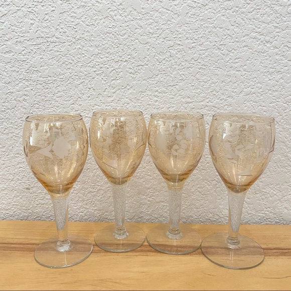 Vintage Dining Vintage Mcm Amber Etched Glass Flower Stemware Small